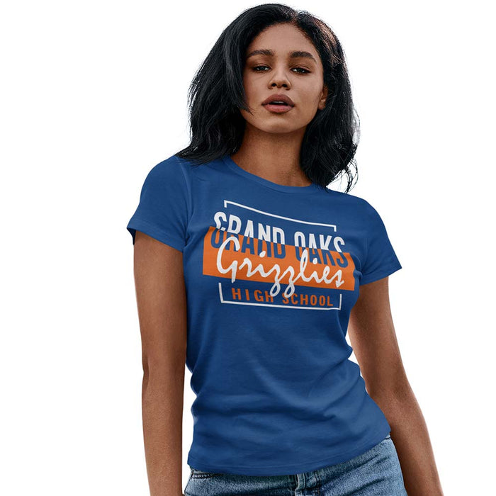 Woman wearing a Grand Oaks High School Grizzlies Women's Royal T-shirt 05