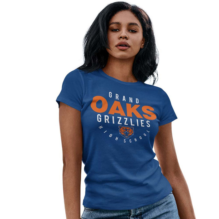 Woman wearing a Grand Oaks High School Grizzlies Women's Royal T-shirt 12