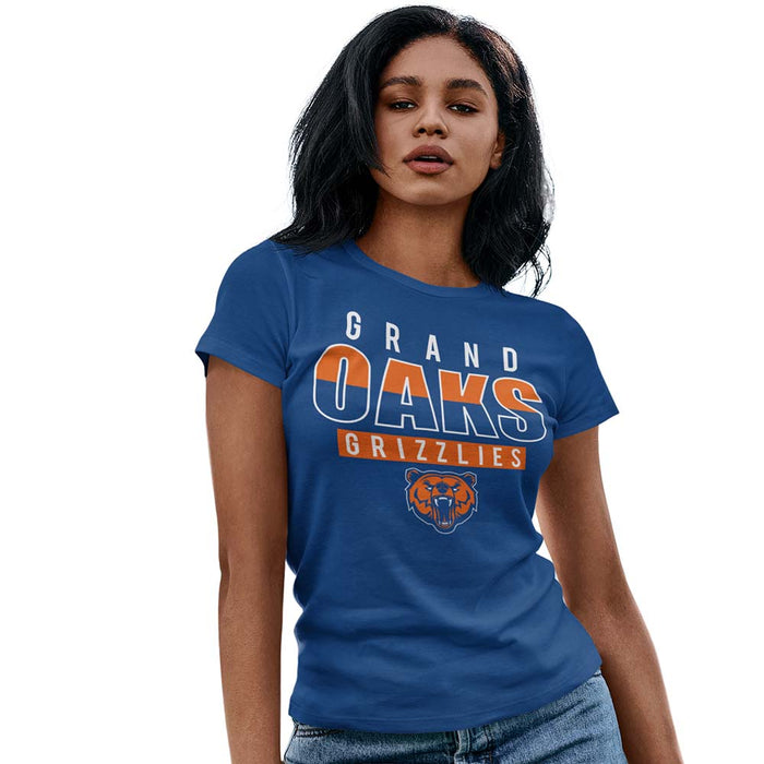 Woman wearing a Grand Oaks High School Grizzlies Women's Royal T-shirt 23