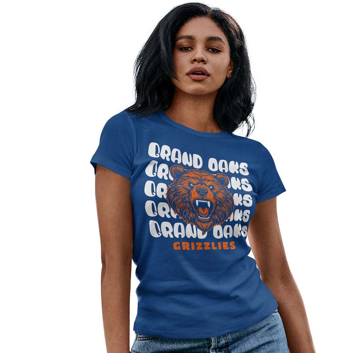 Woman wearing a Grand Oaks High School Grizzlies Women's Royal T-shirt 28