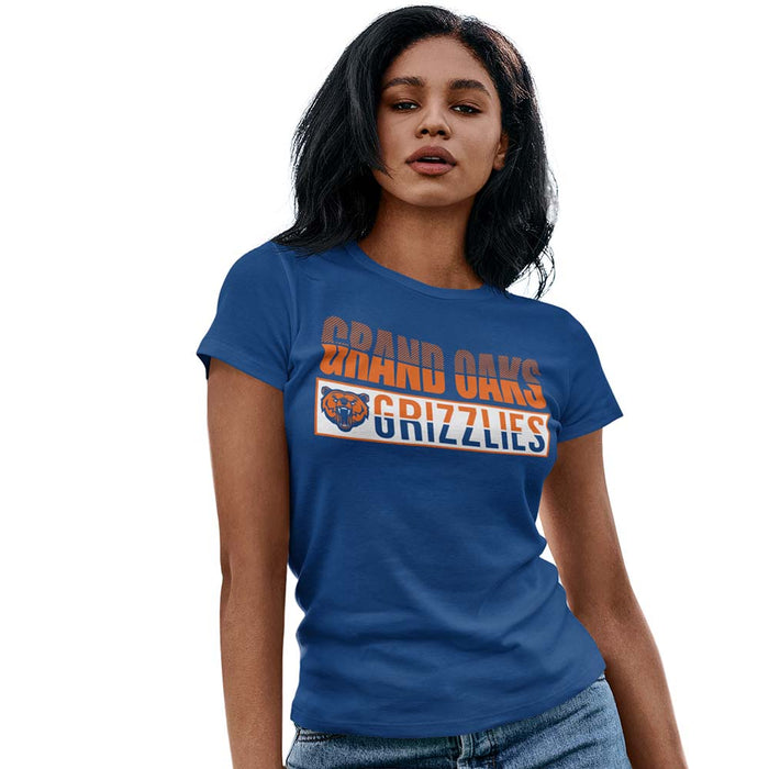 Woman wearing a Grand Oaks High School Grizzlies Women's Royal T-shirt 31