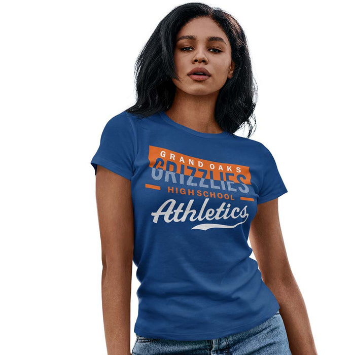 Woman wearing a Grand Oaks High School Grizzlies Women's Royal T-shirt 48