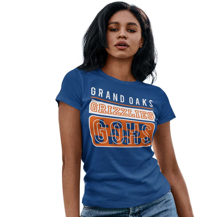 Woman wearing  a Grand Oaks High School Grizzlies Women's Royal T-shirt 86