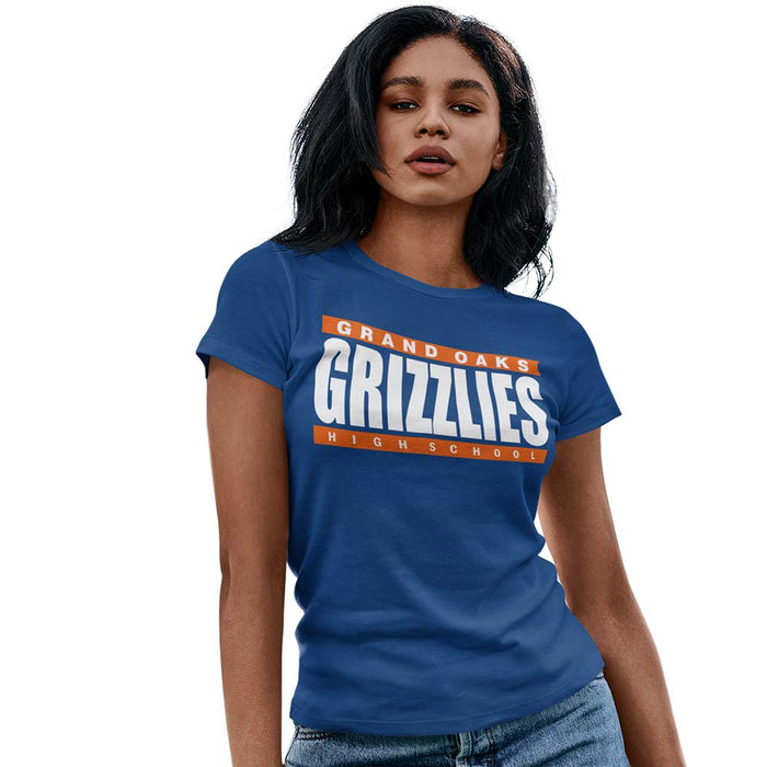 Woman wearing a Grand Oaks High School Grizzlies Women's Royal T-shirt 98