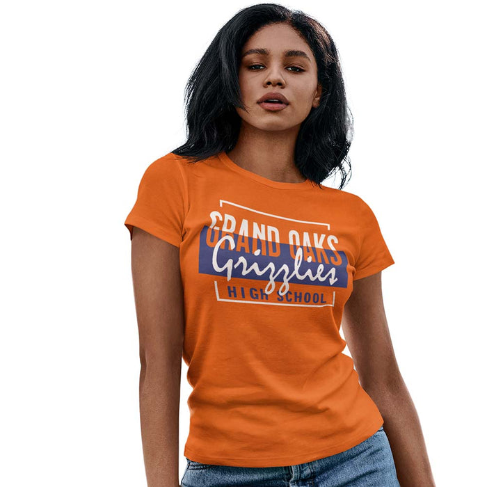 Woman wearing a Grand Oaks High School Grizzlies Women's Orange T-shirts 05