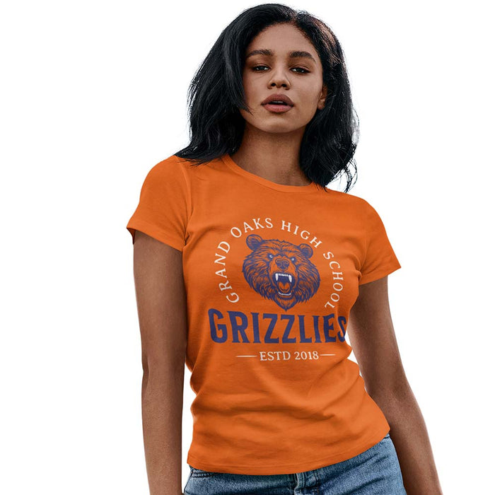 Woman wearing a Grand Oaks High School Grizzlies Women's Orange T-shirts 19