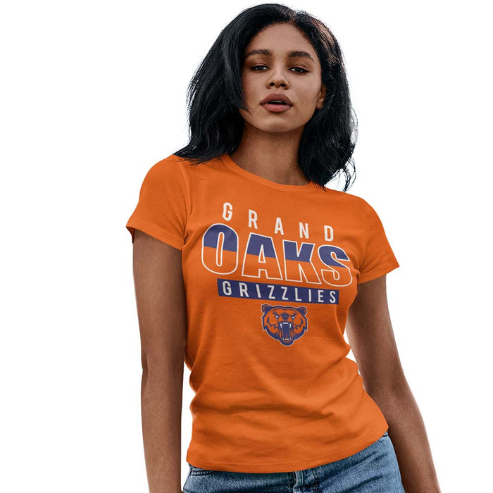 Woman wearing a Grand Oaks High School Grizzlies Women's Orange T-shirts 23