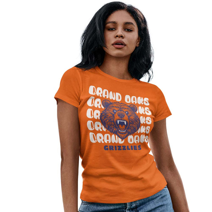 Woman wearing a Grand Oaks High School Grizzlies Women's Orange T-shirts 28