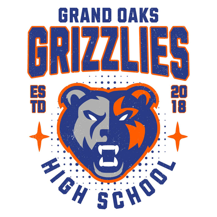 Close-up view of Grand Oaks High School Grizzlies Unisex 3/4 sleeve Raglan T-shirt 204