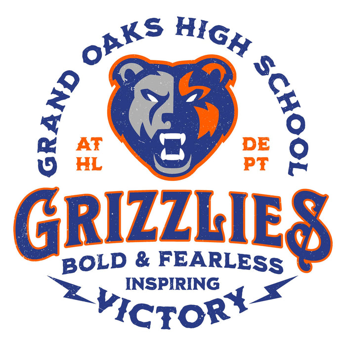Close-up view of Grand Oaks High School Grizzlies Unisex 3/4 sleeve Raglan T-shirt 206