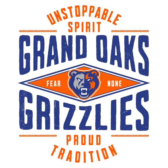 Close-up view of Grand Oaks High School Grizzlies Unisex 3/4 sleeve Raglan T-shirt 210