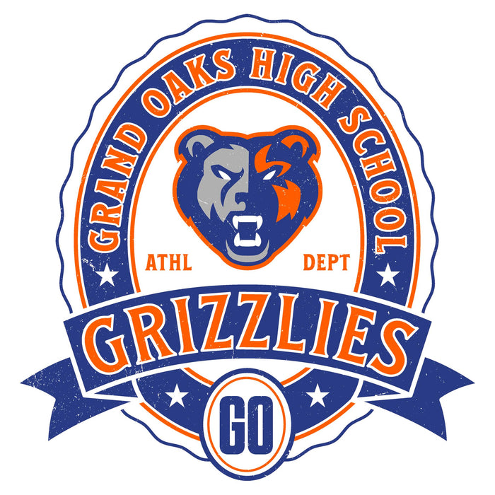 Close-up view of Grand Oaks High School Grizzlies Unisex 3/4 sleeve Raglan T-shirt 212