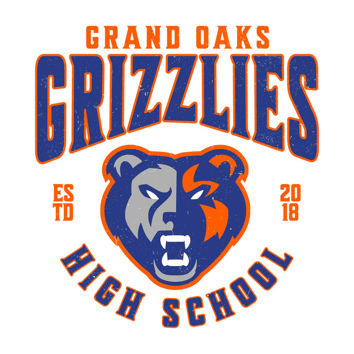 Close-up view of Grand Oaks High School Grizzlies Unisex 3/4 sleeve Raglan T-shirt 213