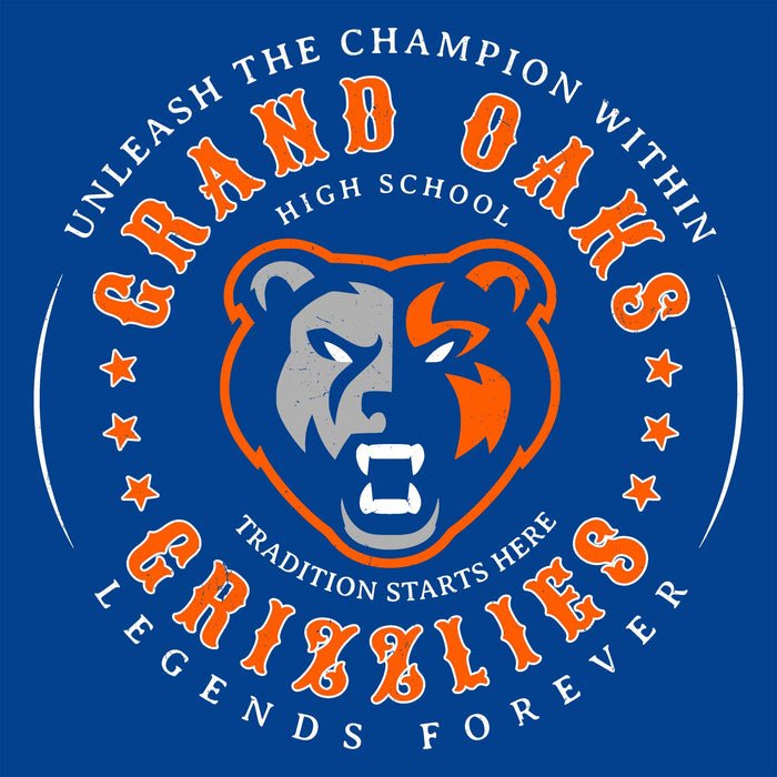 Close-up view of Grand Oaks High School Grizzlies Women's Royal Blue SoftStyle T-shirt 214