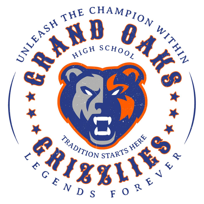 Close-up view of Grand Oaks High School Grizzlies Unisex 3/4 sleeve Raglan T-shirt 214