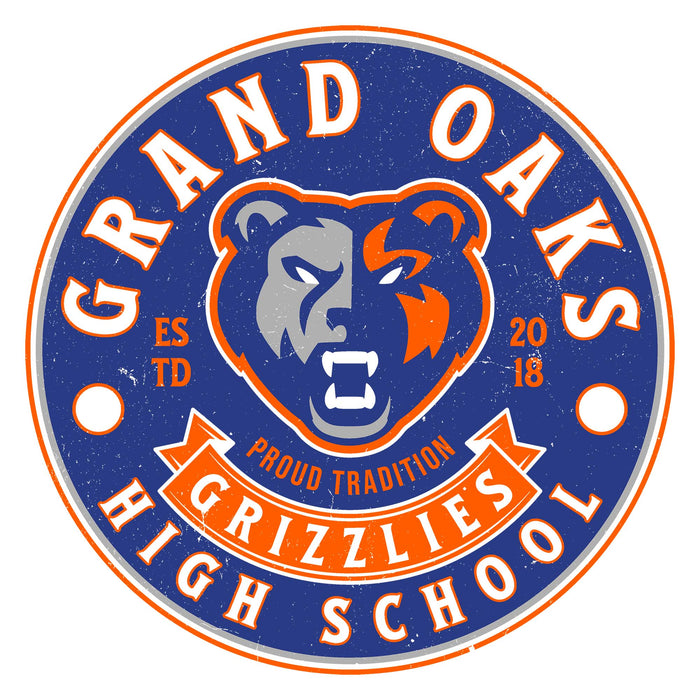 Close-up view of Grand Oaks High School Grizzlies Unisex 3/4 sleeve Raglan T-shirt 215