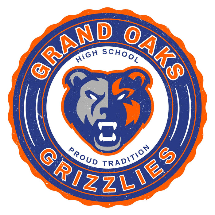 Close-up view of Grand Oaks High School Grizzlies Unisex 3/4 sleeve Raglan T-shirt 226
