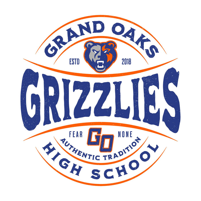 Close-up view of Grand Oaks High School Grizzlies Unisex 3/4 sleeve Raglan T-shirt 218