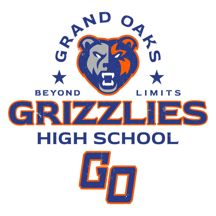 Close-up view of Grand Oaks High School Grizzlies Unisex 3/4 sleeve Raglan T-shirt 222