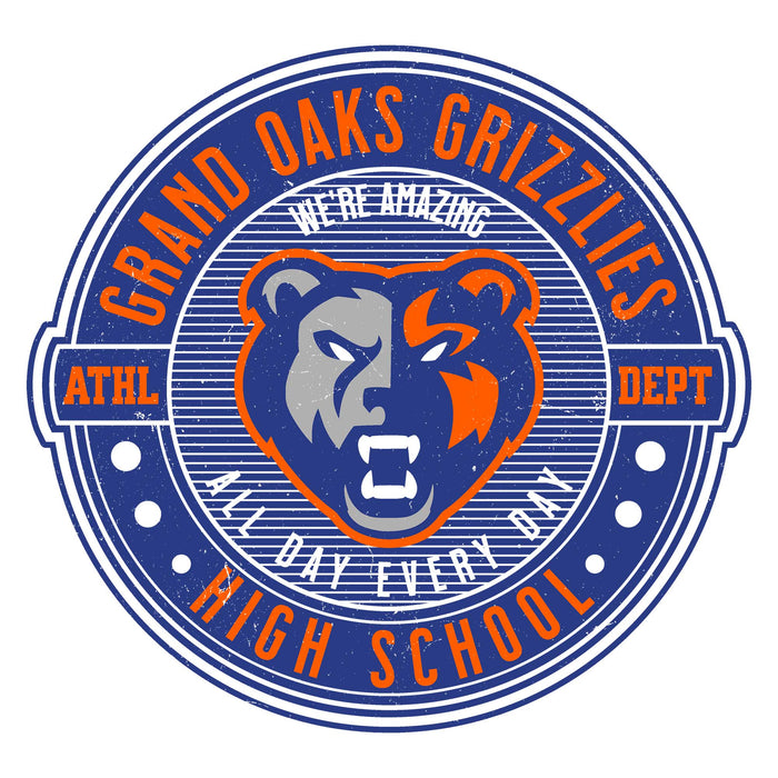 Close-up view of Grand Oaks High School Grizzlies Unisex 3/4 sleeve Raglan T-shirt 224