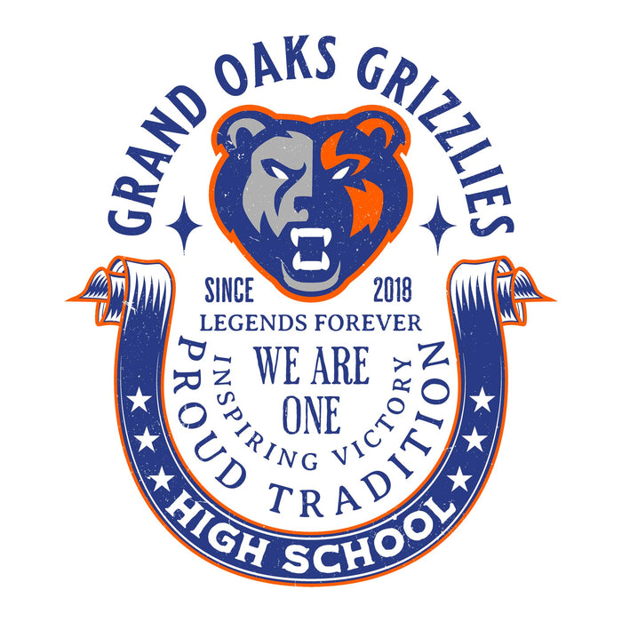 Close-up view of Grand Oaks High School Grizzlies Unisex 3/4 sleeve Raglan T-shirt 229