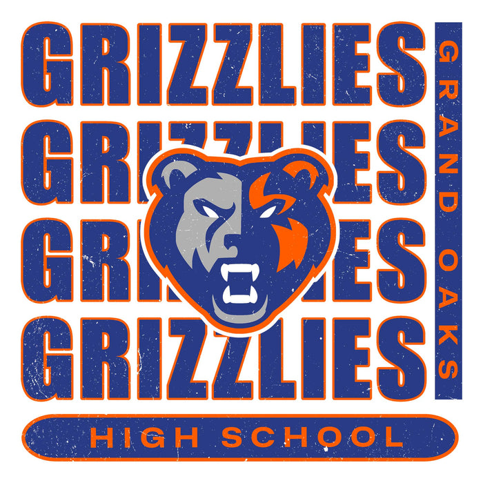 Close-up view of Grand Oaks High School Grizzlies Unisex 3/4 sleeve Raglan T-shirt 235