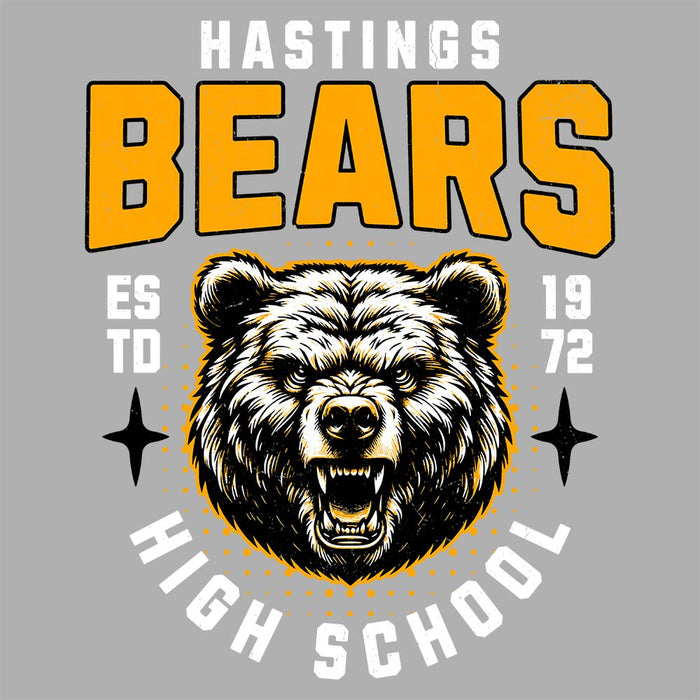 Close-up view of Hastings High School Bears Unisex 3/4 sleeve Raglan T-shirt 204