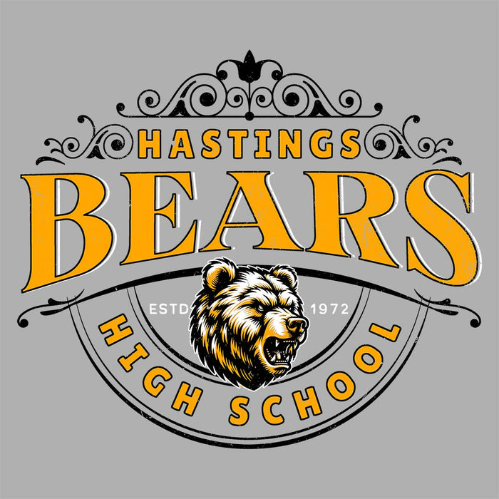 Close-up view of Hastings High School Bears Unisex 3/4 sleeve Raglan T-shirt 211