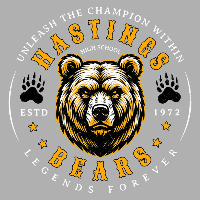 Close-up view of Hastings High School Bears Unisex 3/4 sleeve Raglan T-shirt 214