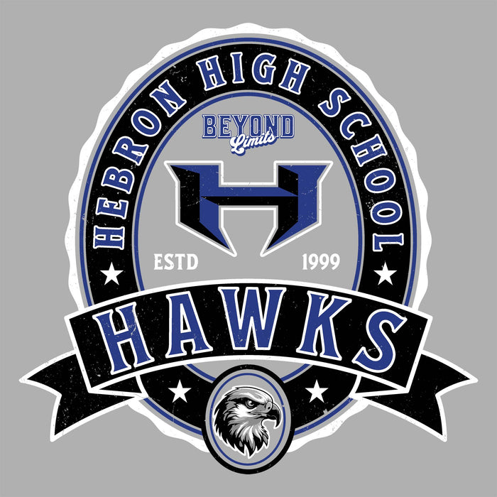 Close-up view of Hebron High School Hawks Unisex 3/4 sleeve Raglan T-shirt 212