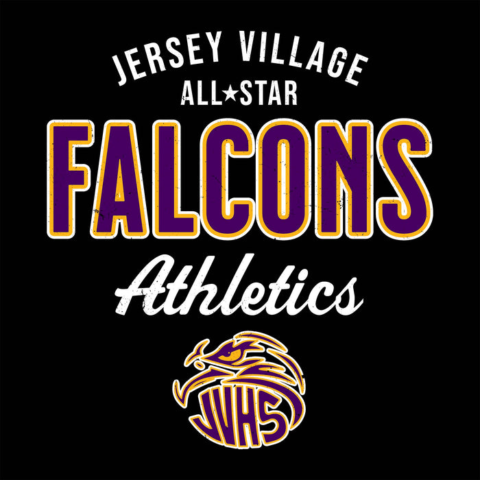 Close-up view of Jersey Village High School Falcons Unisex 3/4 Sleeve Raglan T-shirt 034