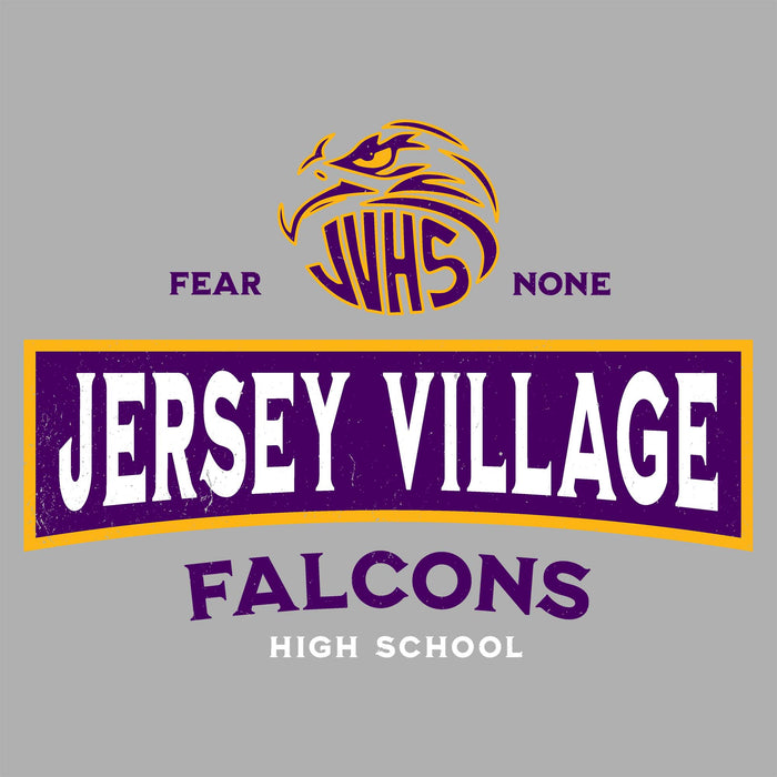 Close-up view of Jersey Village High School Falcons Unisex 3/4 Sleeve Raglan T-shirt 202
