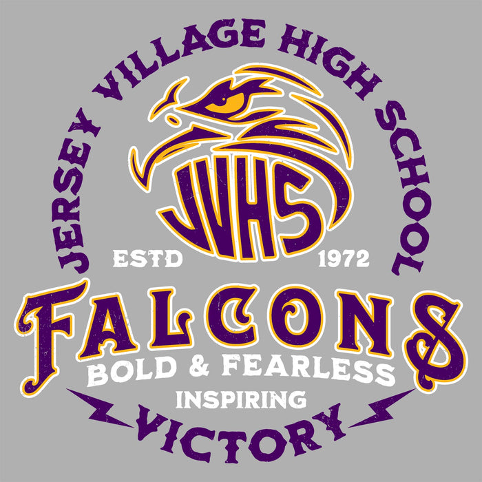 Close-up view of Jersey Village High School Falcons Unisex 3/4 Sleeve Raglan T-shirt 206
