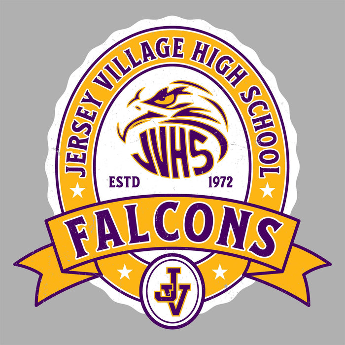Close-up view of Jersey Village High School Falcons Unisex 3/4 Sleeve Raglan T-shirt 212