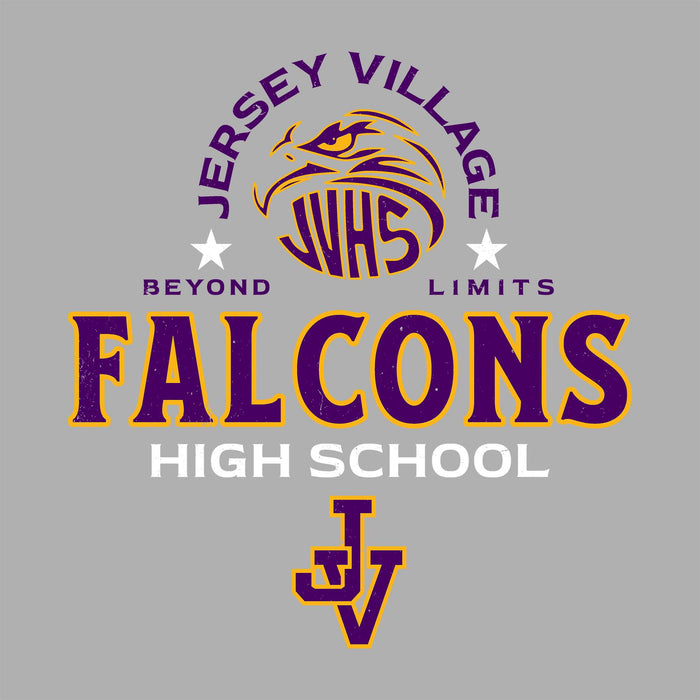 Close-up view of Jersey Village High School Falcons Unisex 3/4 Sleeve Raglan T-shirt 222