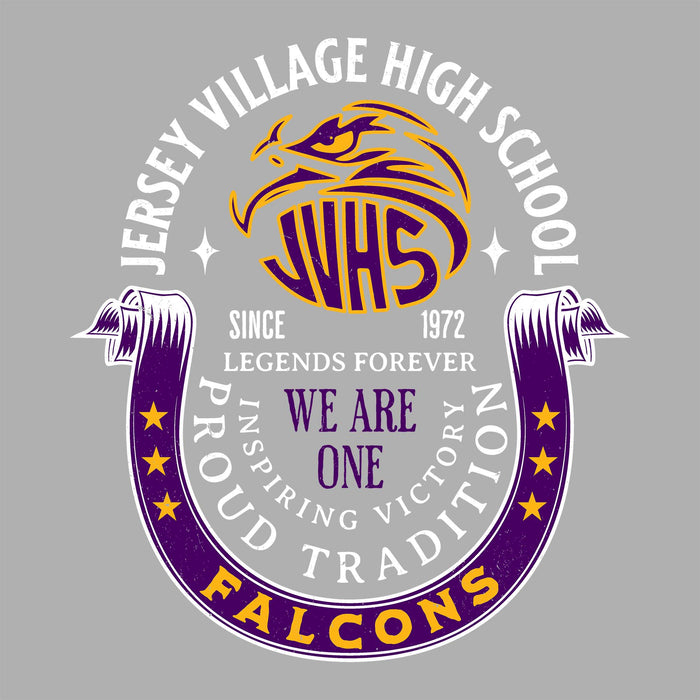 Close-up view of Jersey Village High School Falcons Unisex 3/4 Sleeve Raglan T-shirt 229