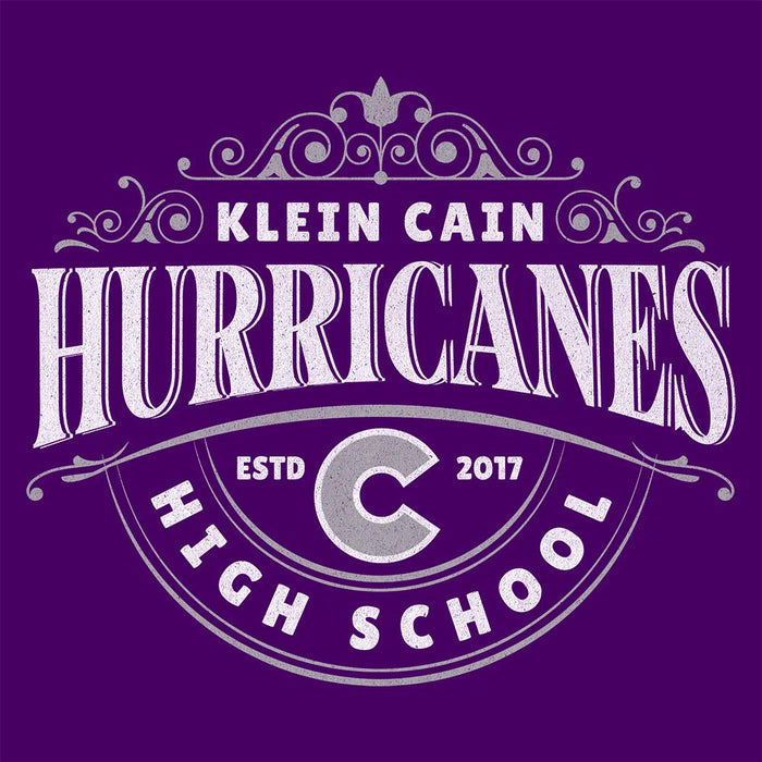 Close-up of Klein Cain High School Hurricanes Purple Women's T-shirt 214