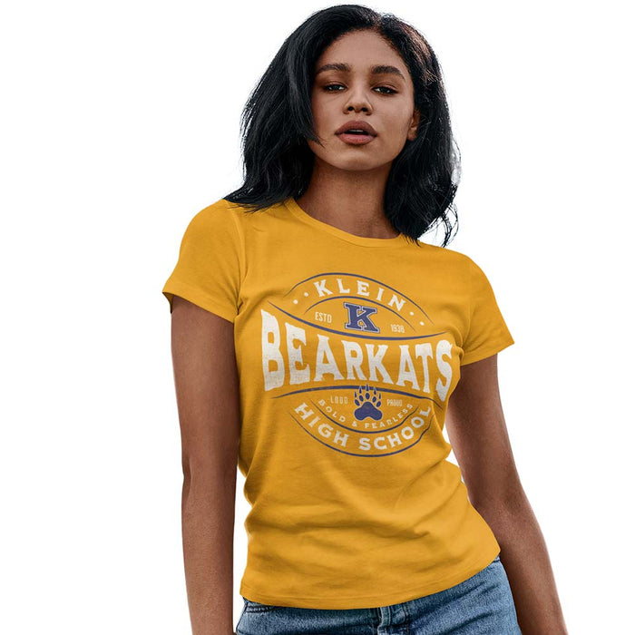 Woman wearing a Klein High School Bearkats Ladies Gold T-shirt 201