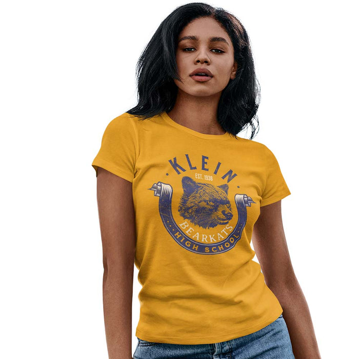 Woman wearing a Klein High School Bearkats Ladies Gold T-shirt 202