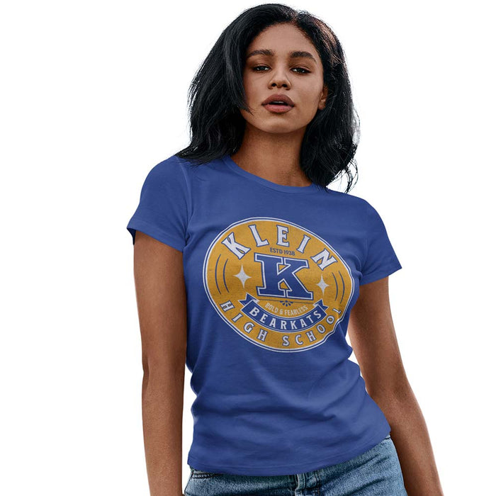 Woman wearing a Klein High School Bearkats Ladies Royal T-shirt 204