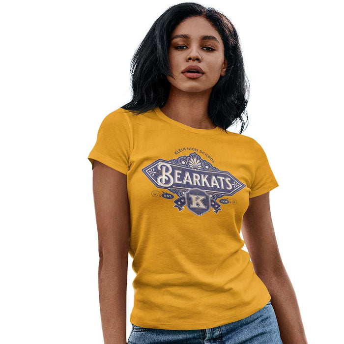 Woman wearing a Klein High School Bearkats Ladies Gold T-shirt 206