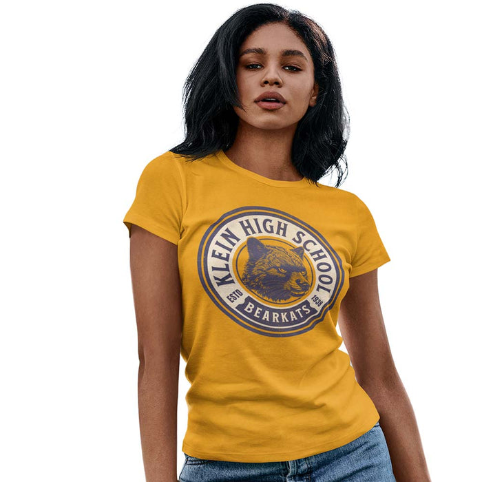 Woman wearing a Klein High School Bearkats Ladies Gold T-shirt 207