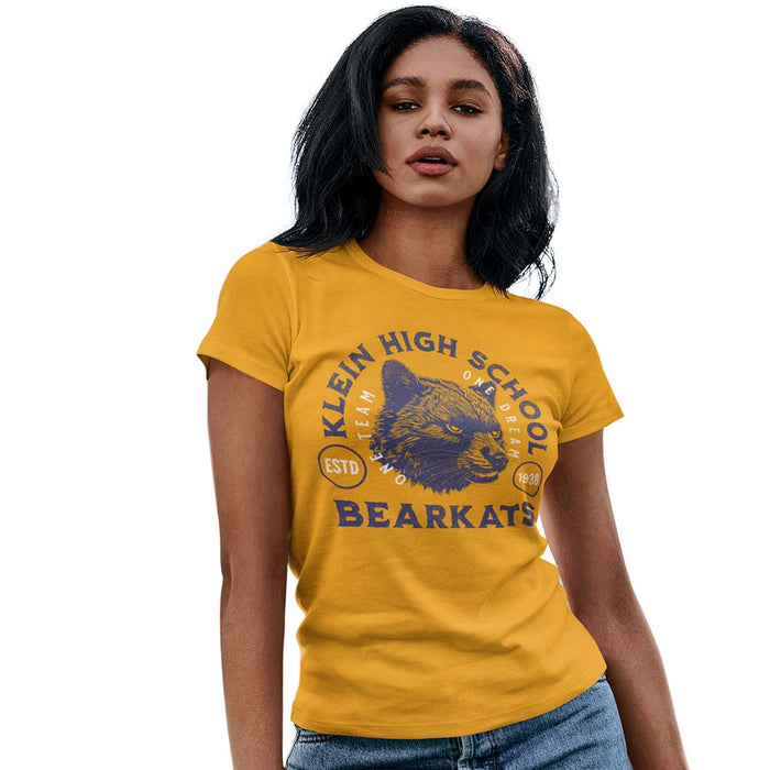 Woman wearing a Klein High School Bearkats Ladies Gold T-shirt 208