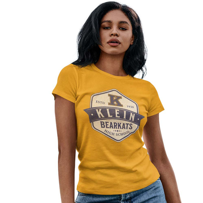 Woman wearing a Klein High School Bearkats Ladies Gold T-shirt 215