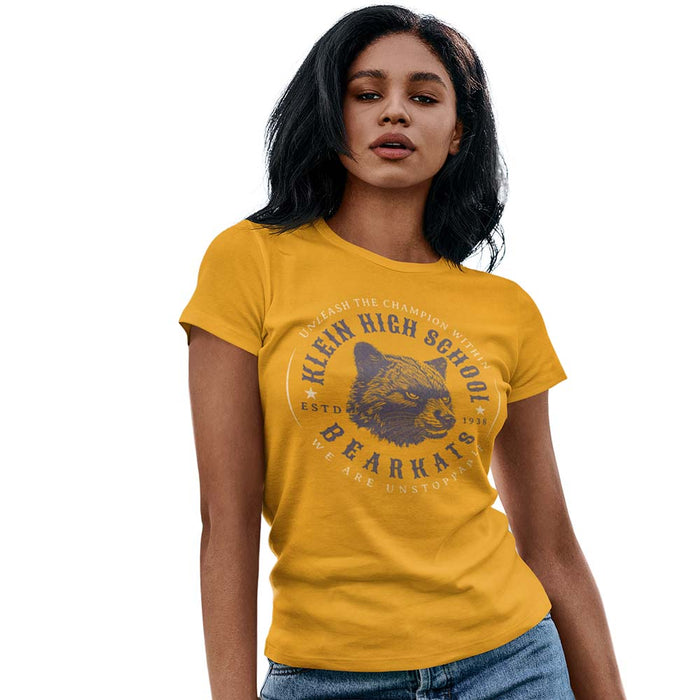 Woman wearing a Klein High School Bearkats Ladies Gold T-shirt 218