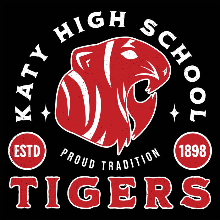 Close-up view of Katy High School Tigers Unisex 3/4 sleeve Raglan T-shirt 208