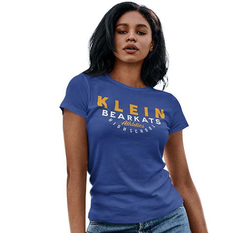 Woman wearing a Klein High School Bearkats Women's Royal T-shirt 12