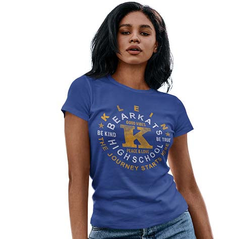 Woman wearing a Klein High School Bearkats Women's Royal T-shirt 16