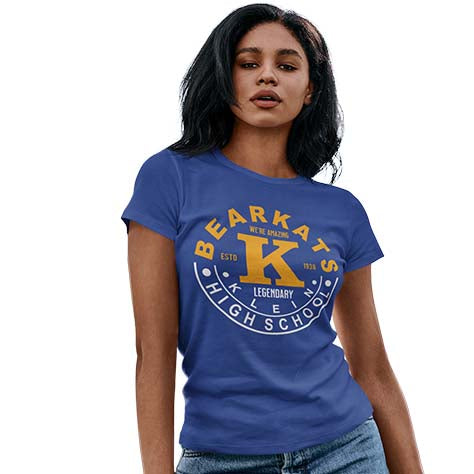 Woman wearing a Klein High School Bearkats Women's Royal T-shirt 19