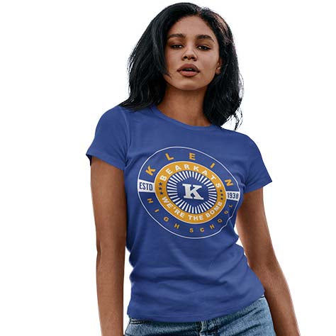 Woman wearing a Klein High School Bearkats Women's Royal T-shirt 30